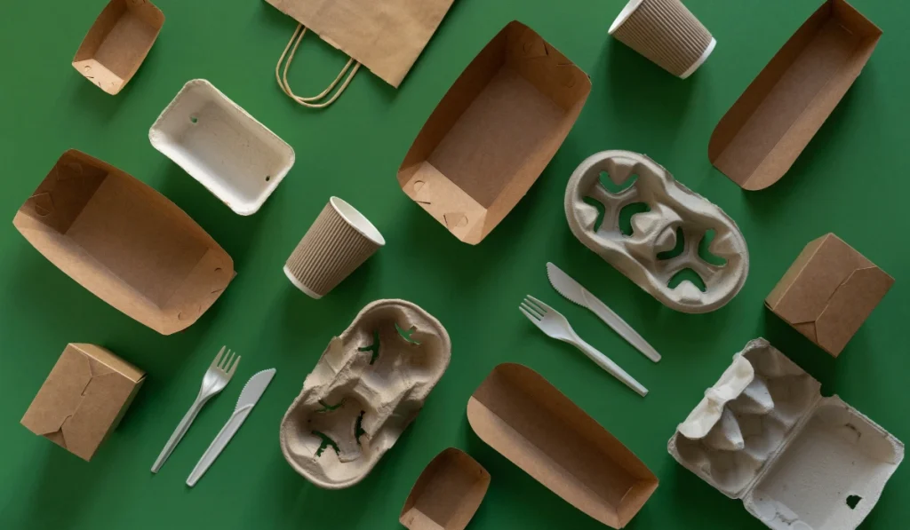 Envases biodegradables para hostelería en fibra de caña, cartón kraft y PLA sobre mesa de restaurante